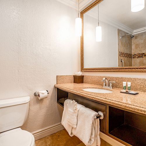 This image shows a clean bathroom with a toilet, a sink with a countertop, a large mirror, and towels hanging under the sink.