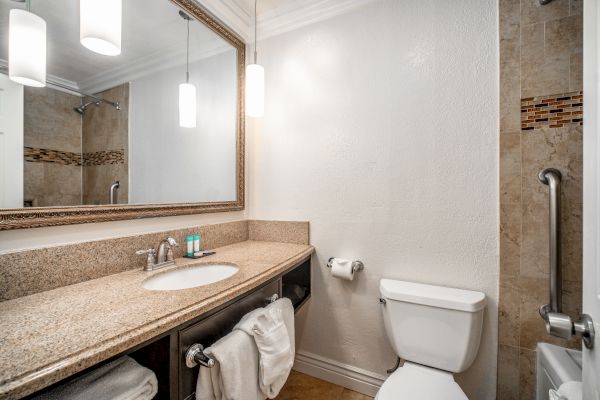 The image shows a modern bathroom with a large mirror, sink, granite countertop, toilet, shower, and white towels hanging below the sink.