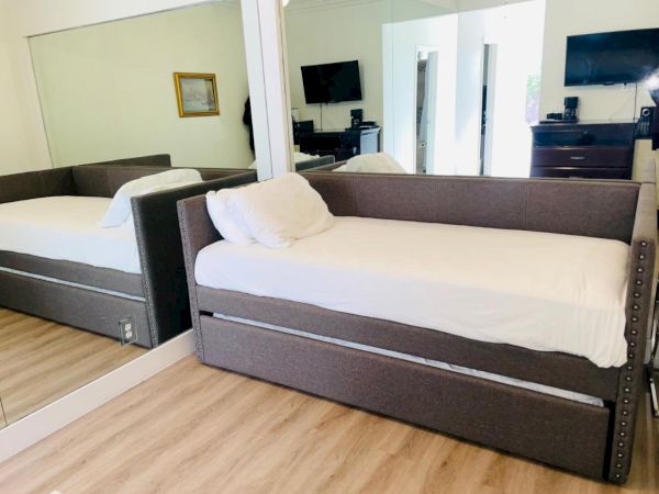 The image shows a modern bedroom with a daybed, a large mirror, TV, dresser, and wood flooring, creating a clean and minimalistic look.