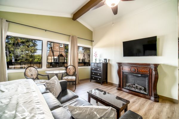 A cozy living room with a couch, coffee table, TV, fireplace, and dresser. Large windows and a ceiling fan complete the space.