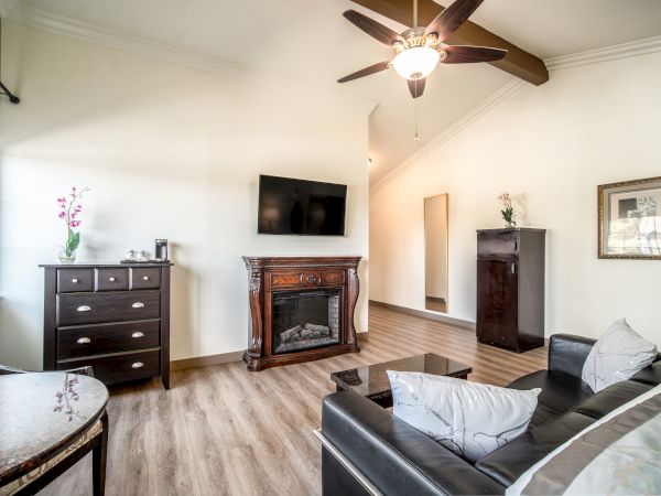 A modern living room with a ceiling fan, TV, fireplace, dresser, sofa, table, and wall art with light-colored flooring and an orchid in a vase.