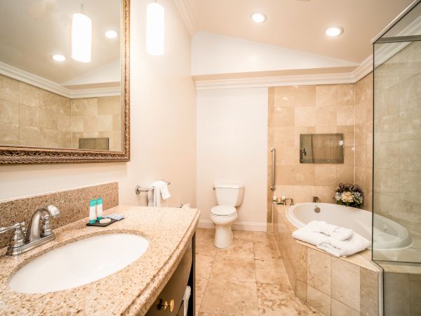 This image shows a bathroom with a granite countertop, a large mirror, a toilet, a bathtub, and a glass-enclosed shower, all in a bright, clean setting.